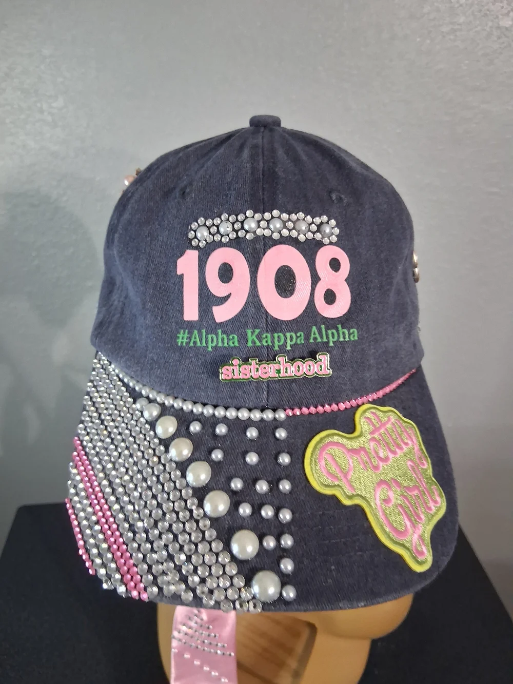 AKA Hand Crafted Navy Alpha Kappa Alpha 1908 Rhinestone Pearl Cap
